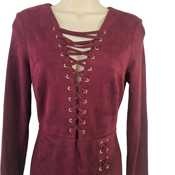 WOW Culture Open Back Bodycon Dress Sz S Faux Suede LaceUp Thigh Slit Wine - Picture 4 of 9